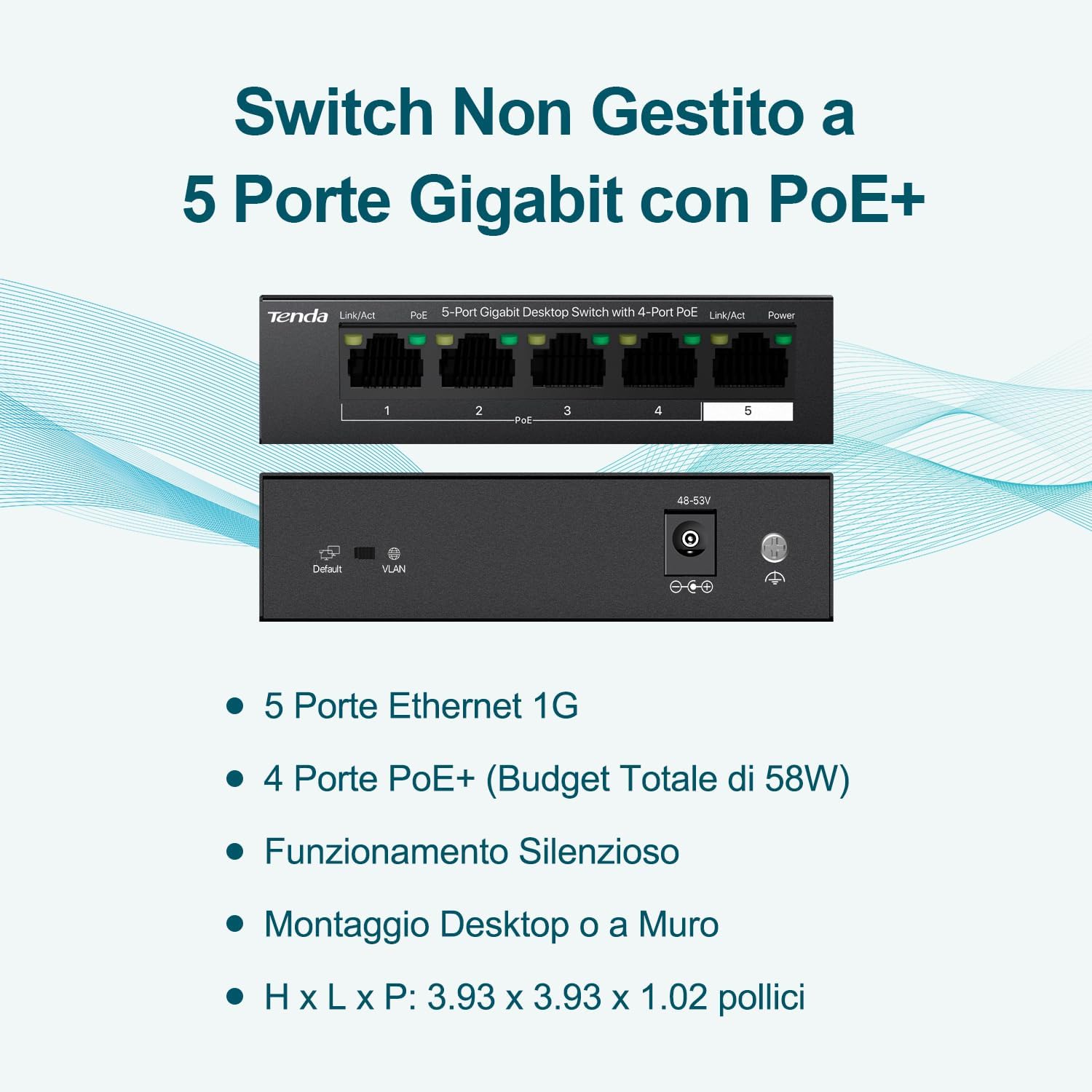 Thumbnail 1 de Tenda Switch PoE 5 Porte Gigabit TEG1105P-4-63W: PoE+ affidabile per reti compatte
