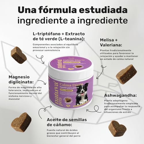 Detalle de natuva pets Calmante para Perros - 120 Masticables con L-Triptófano, Ashwagandha, Magnesio, Melisa y Valeriana