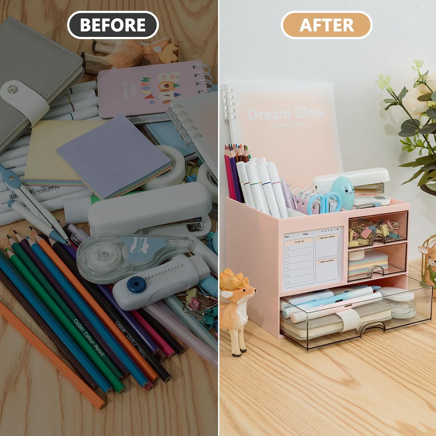 Detalle de RISEMART Desk Organiser with 3 Drawers: Large Capacity 21 x 14.5 x 15.5 cm, Pink