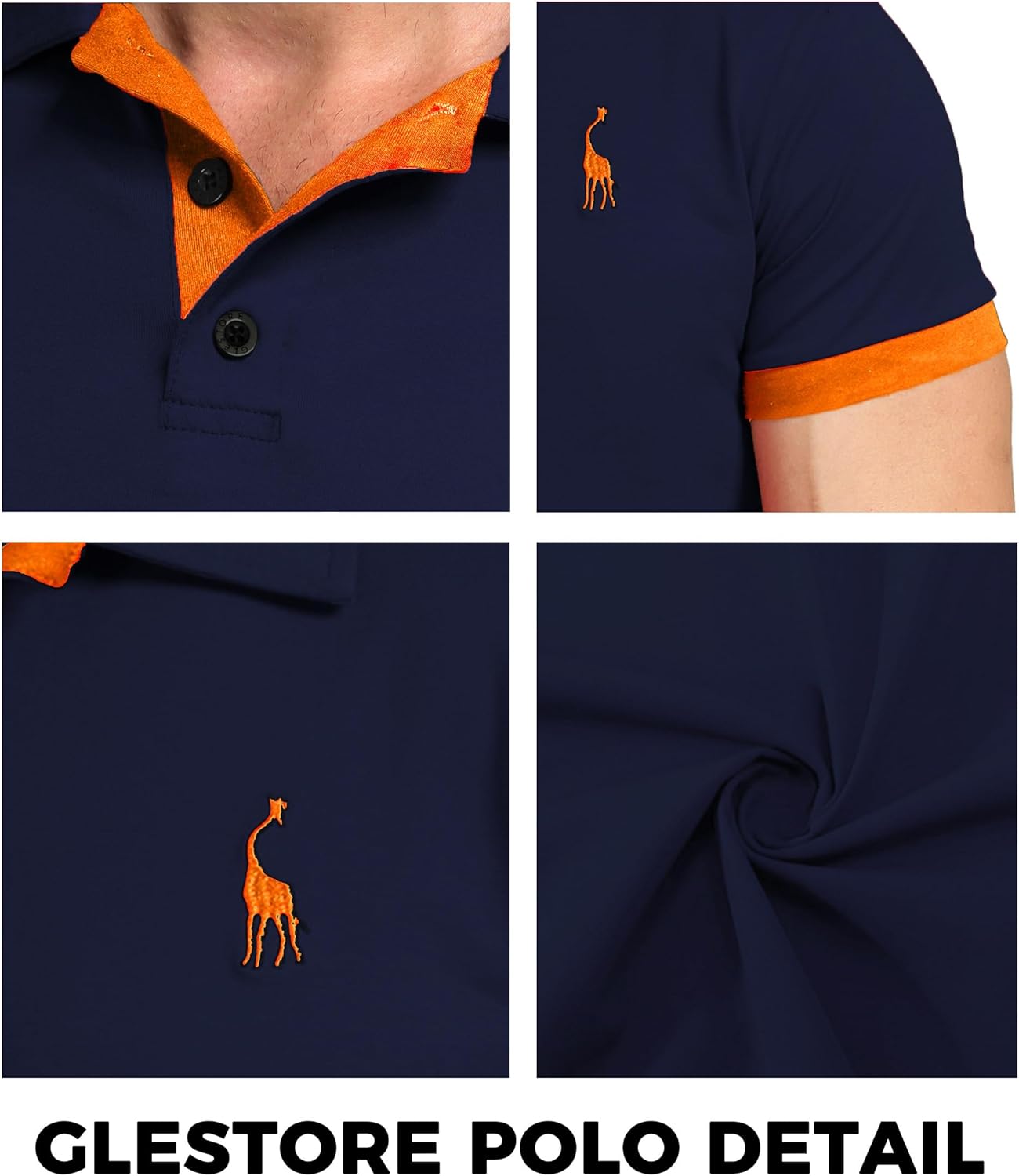 Detalle 2 de GLESTORE Herren Poloshirt mit Giraffenstickerei – Kurzarm, Baumwolle-Elastan, ideal für Sommer & Golf