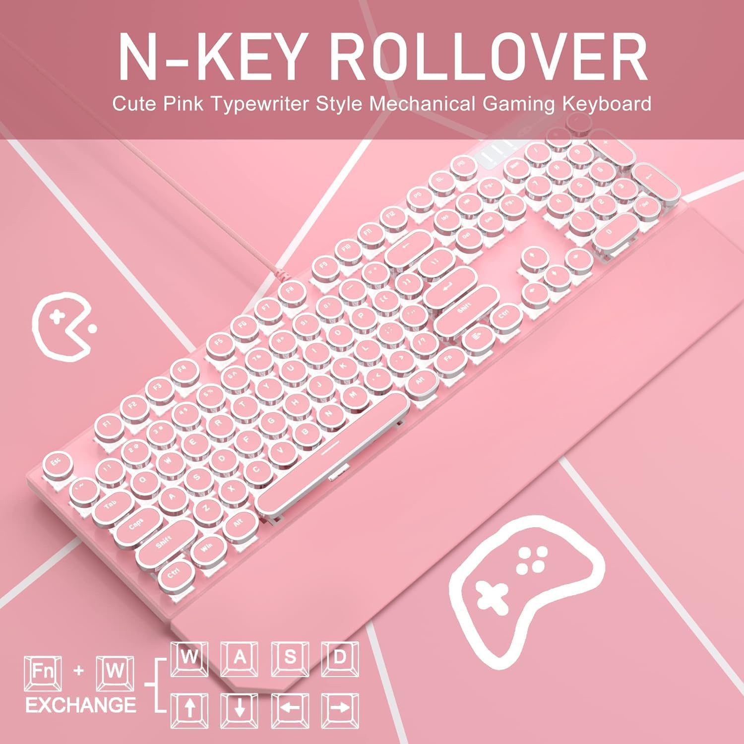 Thumbnail 1 de Camiysn CPKJXFBPINK527 Typewriter-Style Keyboard, 104 Blue-Switch Keys, White Backlight