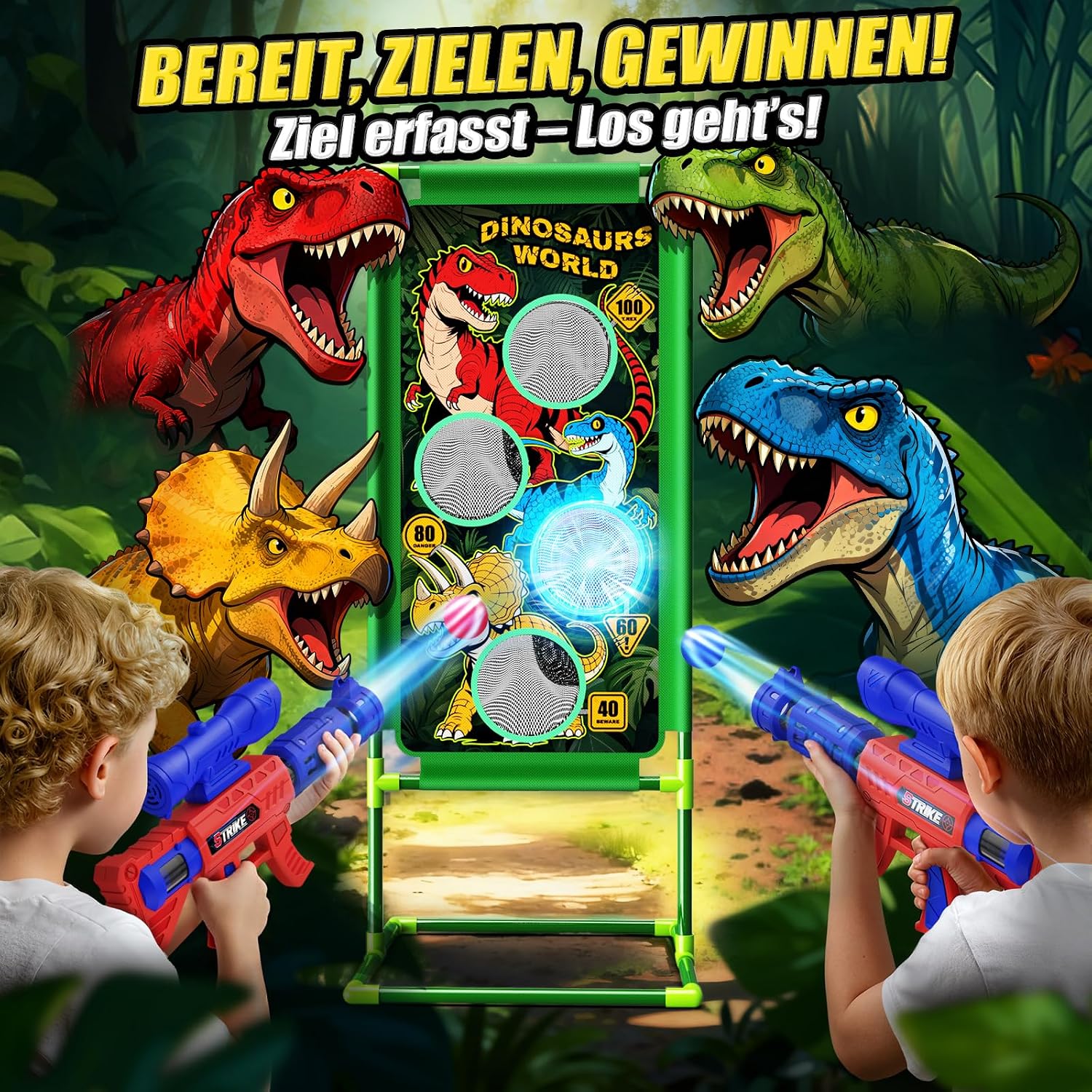Detalle 2 de Dinosaurier-Schießspielzeug für Jungen (ab 3–12 Jahre) – 2 Popper-Pistolen mit Schaumbällen