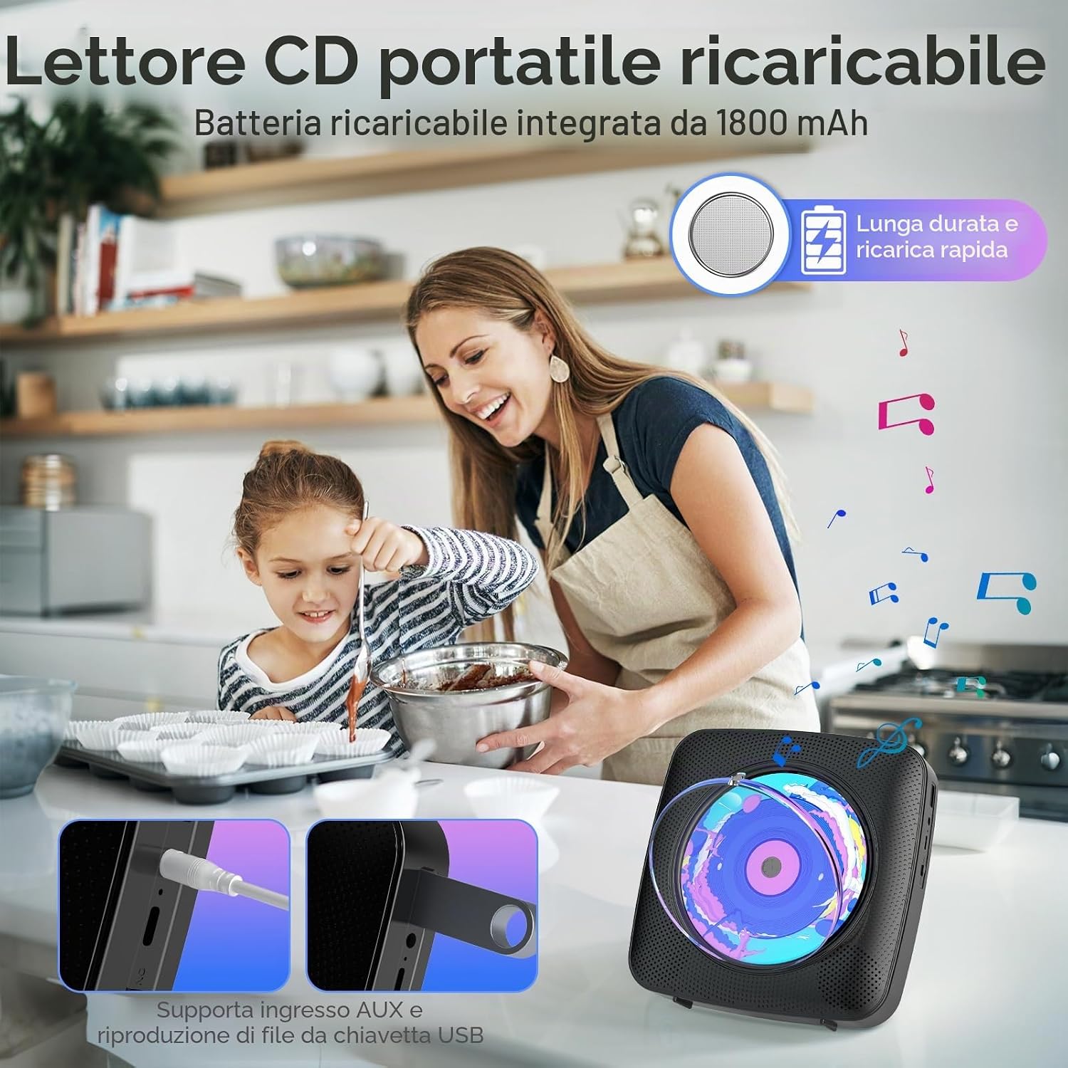 Thumbnail 5 de Lettore CD Portatile hi-fi Kegaudio con Bluetooth e altoparlanti, nero