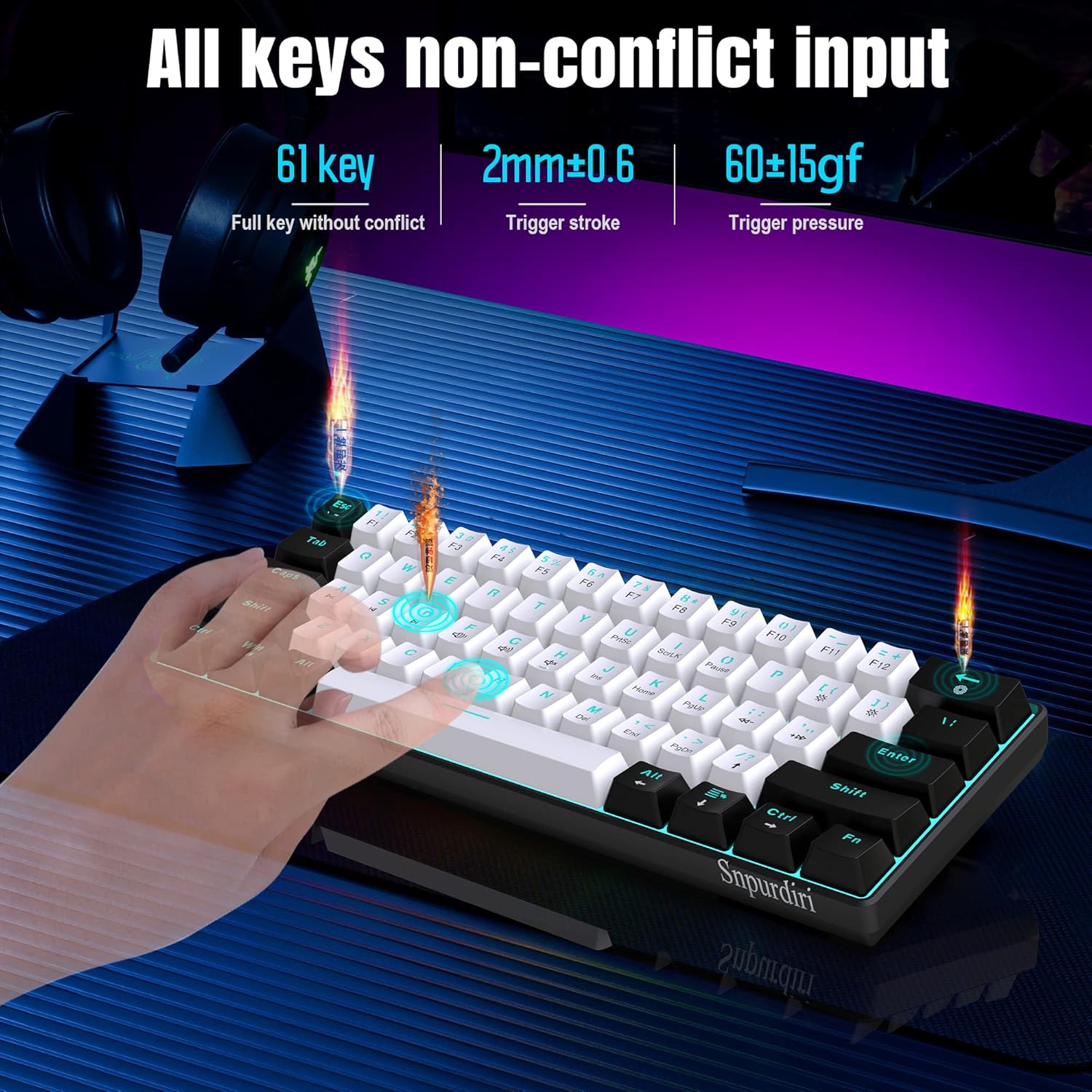 Thumbnail 5 de Snpurdiri 60% wired mechanical gaming keyboard with red switches and ice blue LED backlight (61 keys, detachable USB-C)