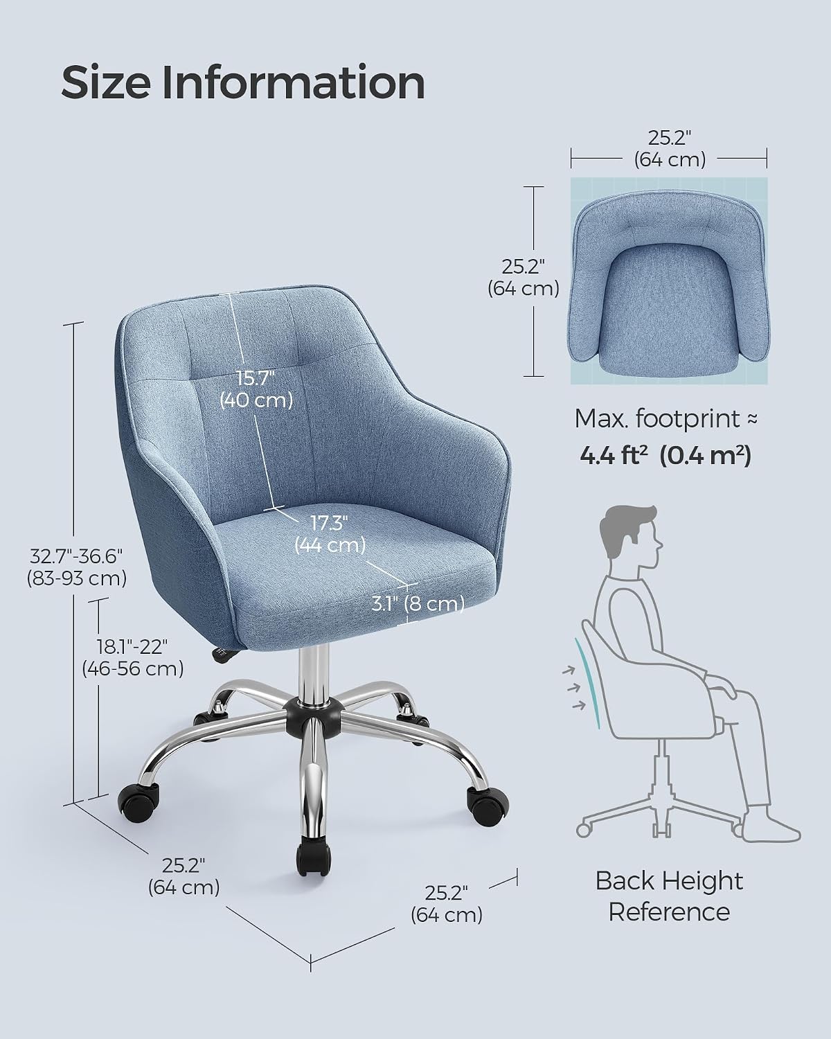 Detalle de SONGMICS OBG019Q11 Ergonomic Swivel Office Chair, Misty Blue Fabric
