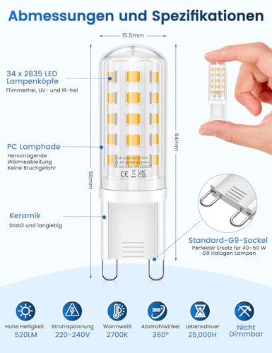 Detalle de QOJUX G9 LED Warmweiß 3.2W, 520 lm – 2700K, 34 LEDs, G9 Sockel, 5er Pack