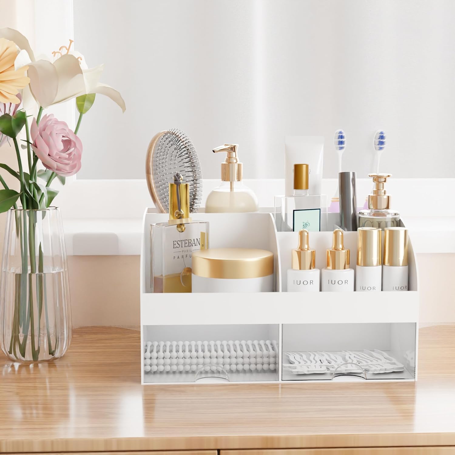 Thumbnail 3 de Makeup Organizer with Drawers (White-2P) — 6 Sections and 2 Drawers for Dresser, Vanity, and Bathroom Counter