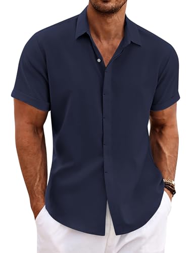 Detalle de COOFANDY Summer Linen Short Sleeve Shirt for Men – Navy Blue (L)