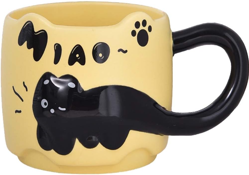 ZONSUSE Schwarze Katzen Tasse – 3D-Katzenbecher, 380 ml, gelb