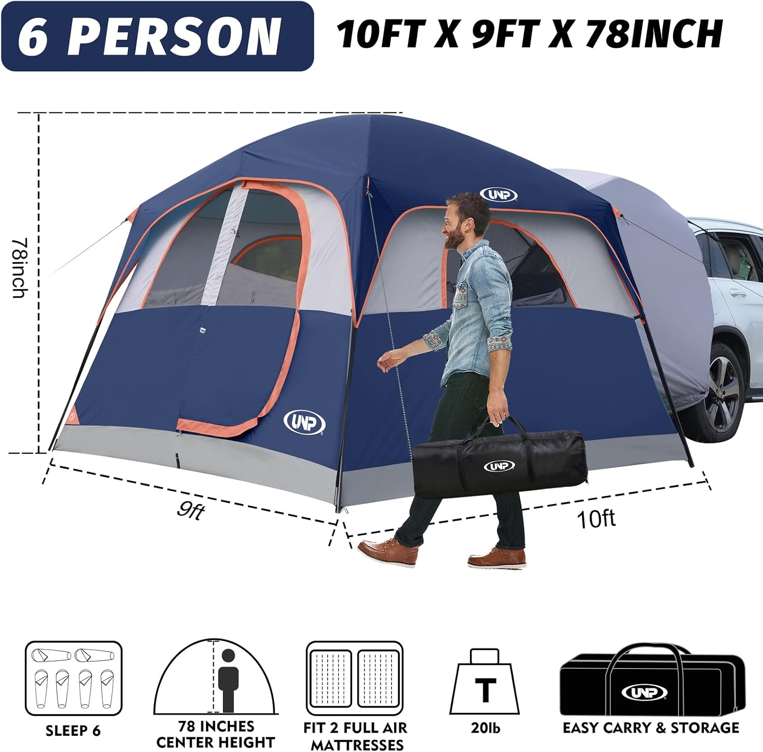 Detalle de UNP SUV Tent for Camping — 6-Person Car Camping Tent with Vehicle Sleeving, 300×270×180cm (H) Dark Blue