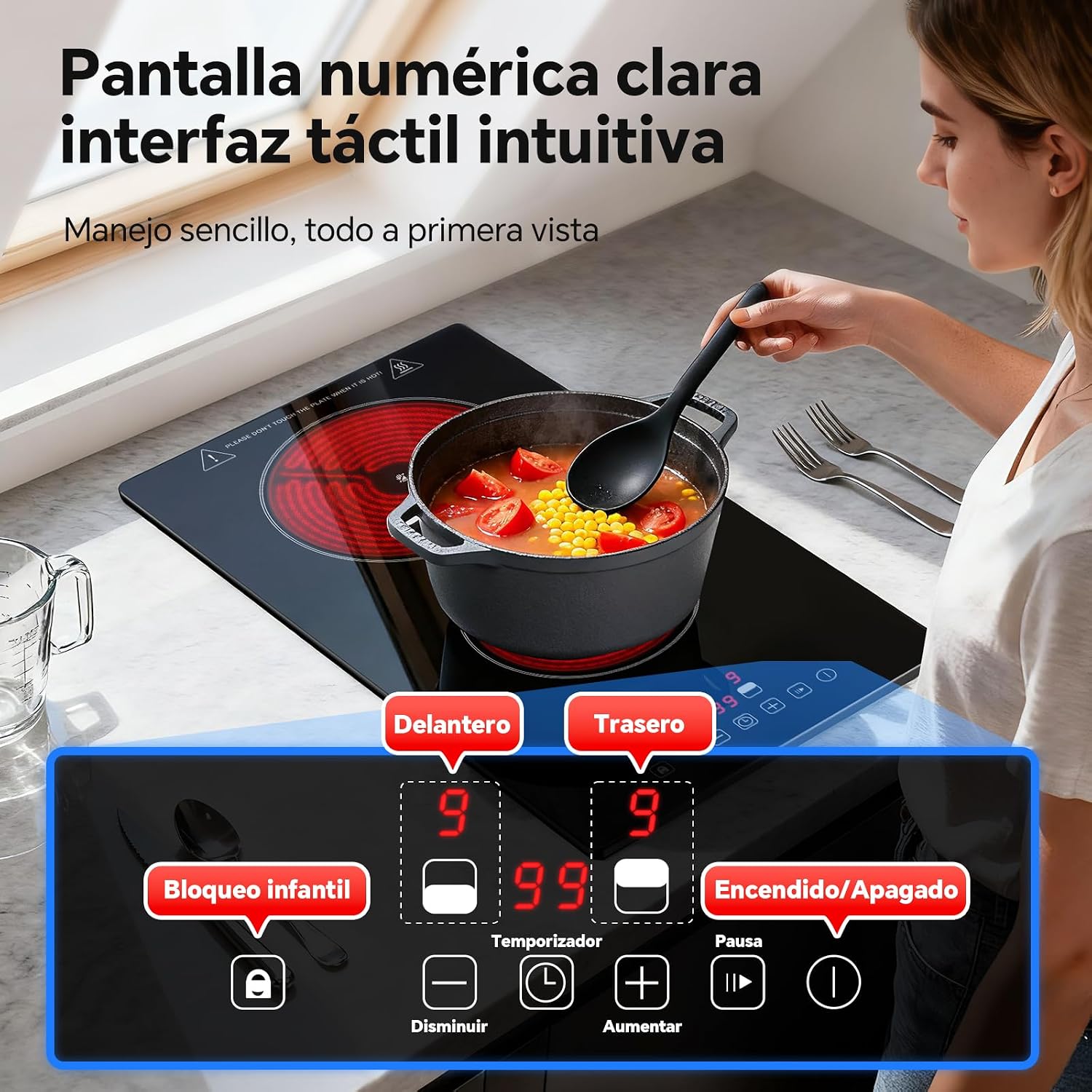Detalle de SNDOAS Placa Vitrocerámica 2 Fuegos 3000W con Enchufe – Encastre/Portátil