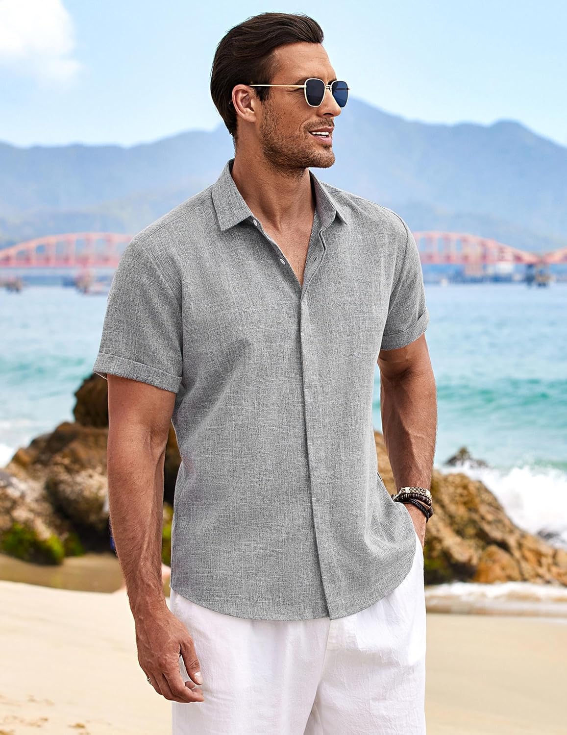 Thumbnail 3 de COOFANDY Chemise en Lin pour Hommes – Manches Courtes, Coupe Regular, Style Plage