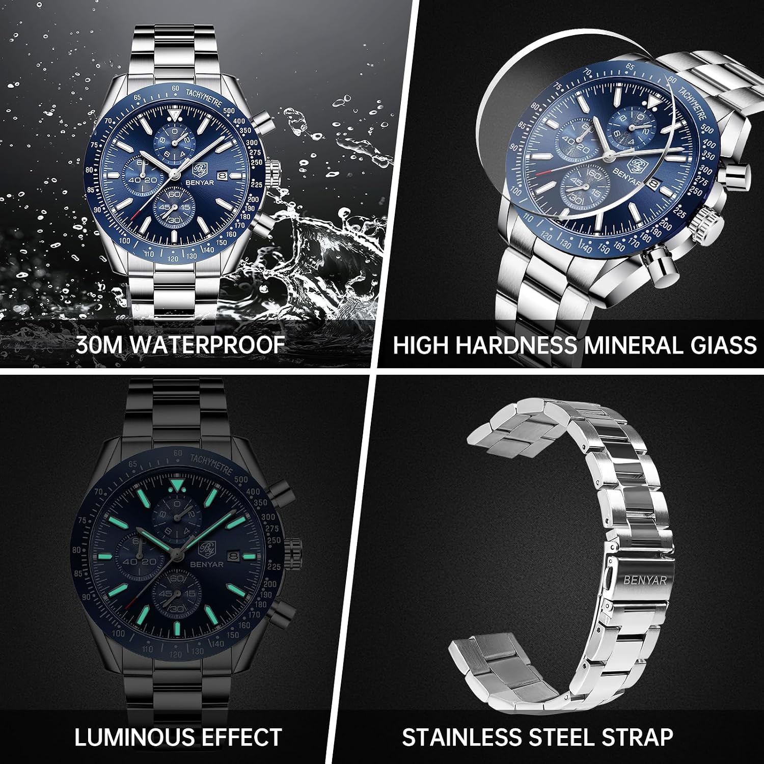 Detalle de BY BENYAR CFBY5140-8 herenhorloge met quartz, chronograaf en leren band
