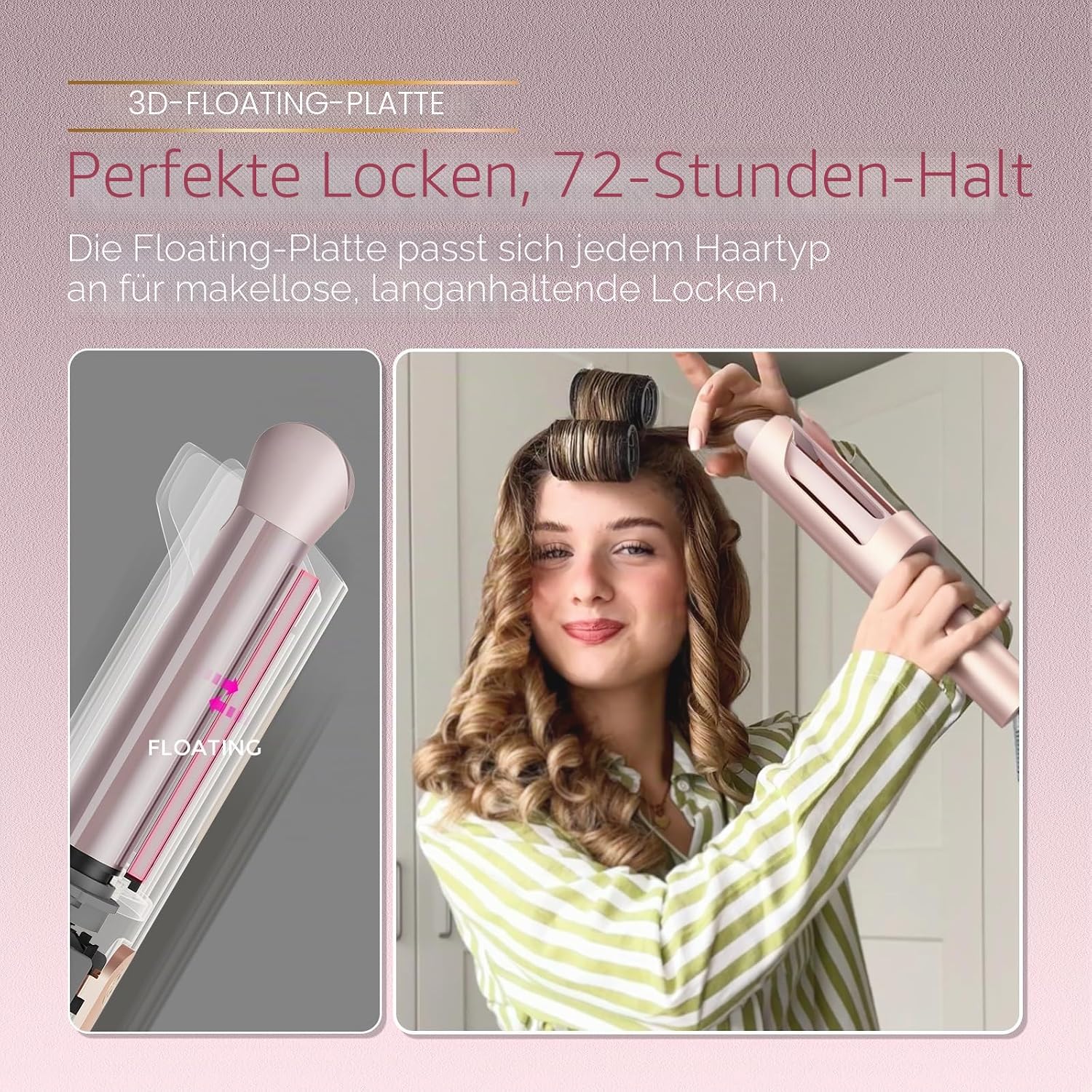 Detalle de TYMO Curlpro Plus Automatischer Lockenstab: Große Locken (25 mm) für langes Haar mit Anti-Verbrühung, Goldrosa