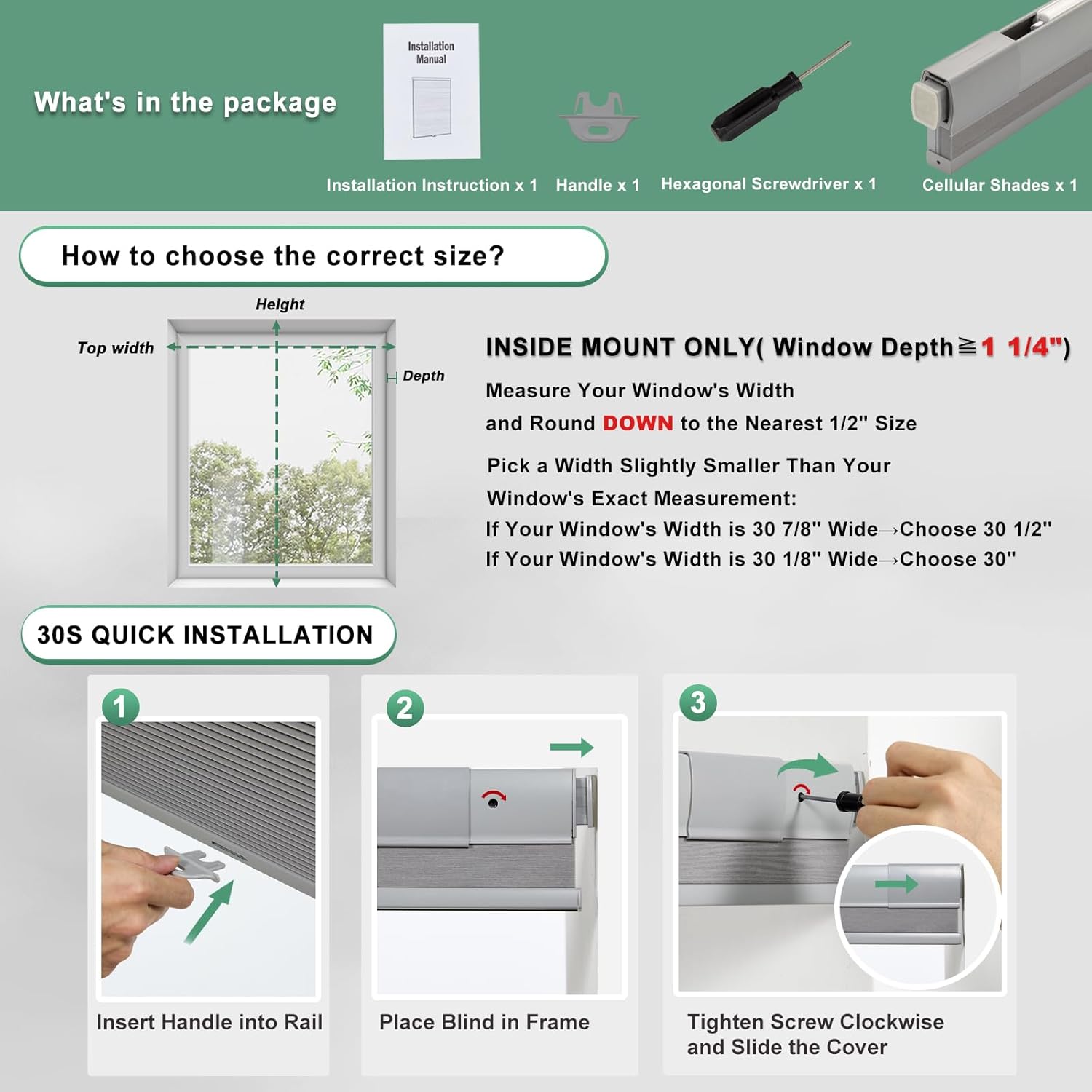 Thumbnail 6 de Tonature No Drill Cellular Shades for Indoor Windows, 28 1/2" W x 80" H, Grey