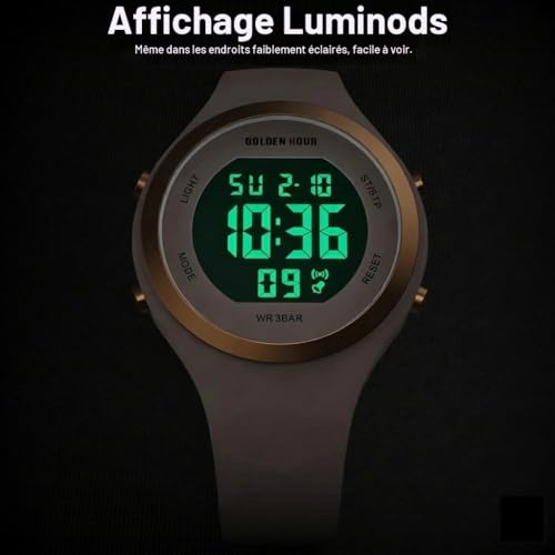 Detalle de GOLDEN HOUR Montre de sport étanche pour femme avec chronographe numérique et bracelet silicone – Moderne