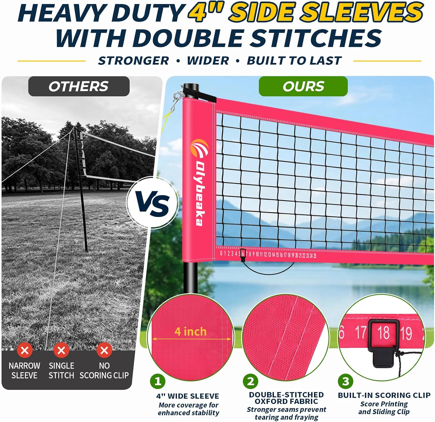 Detalle de Olybeaka 32FT Portable Volleyball Net Set, 4 Heights, Pink