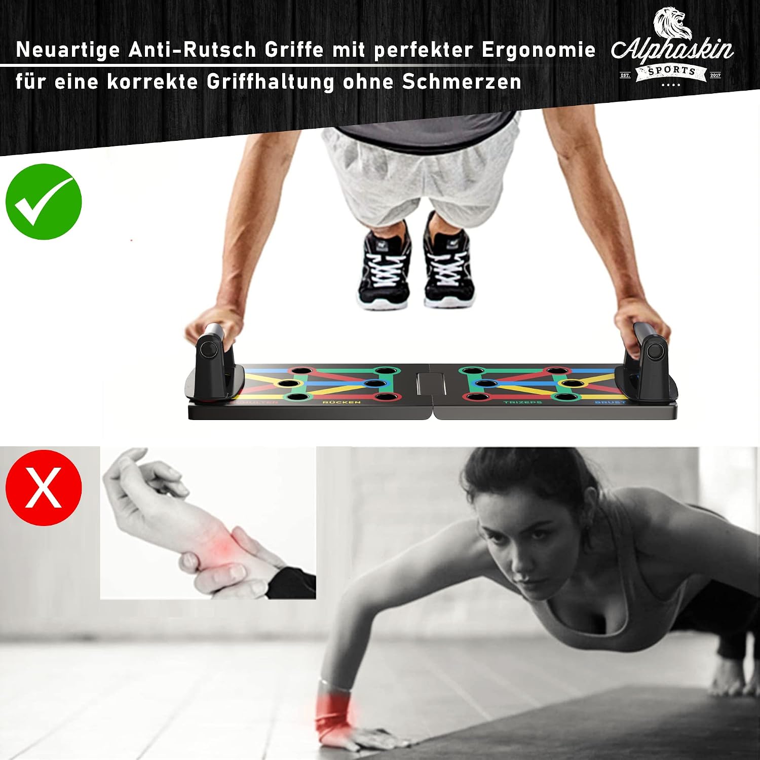 Detalle de ALPHASKIN Liegestützbrett Set mit Griffen (9-in-1) – klappbar & Anti-Rutsch für Brust, Schulter, Rücken & Trizeps