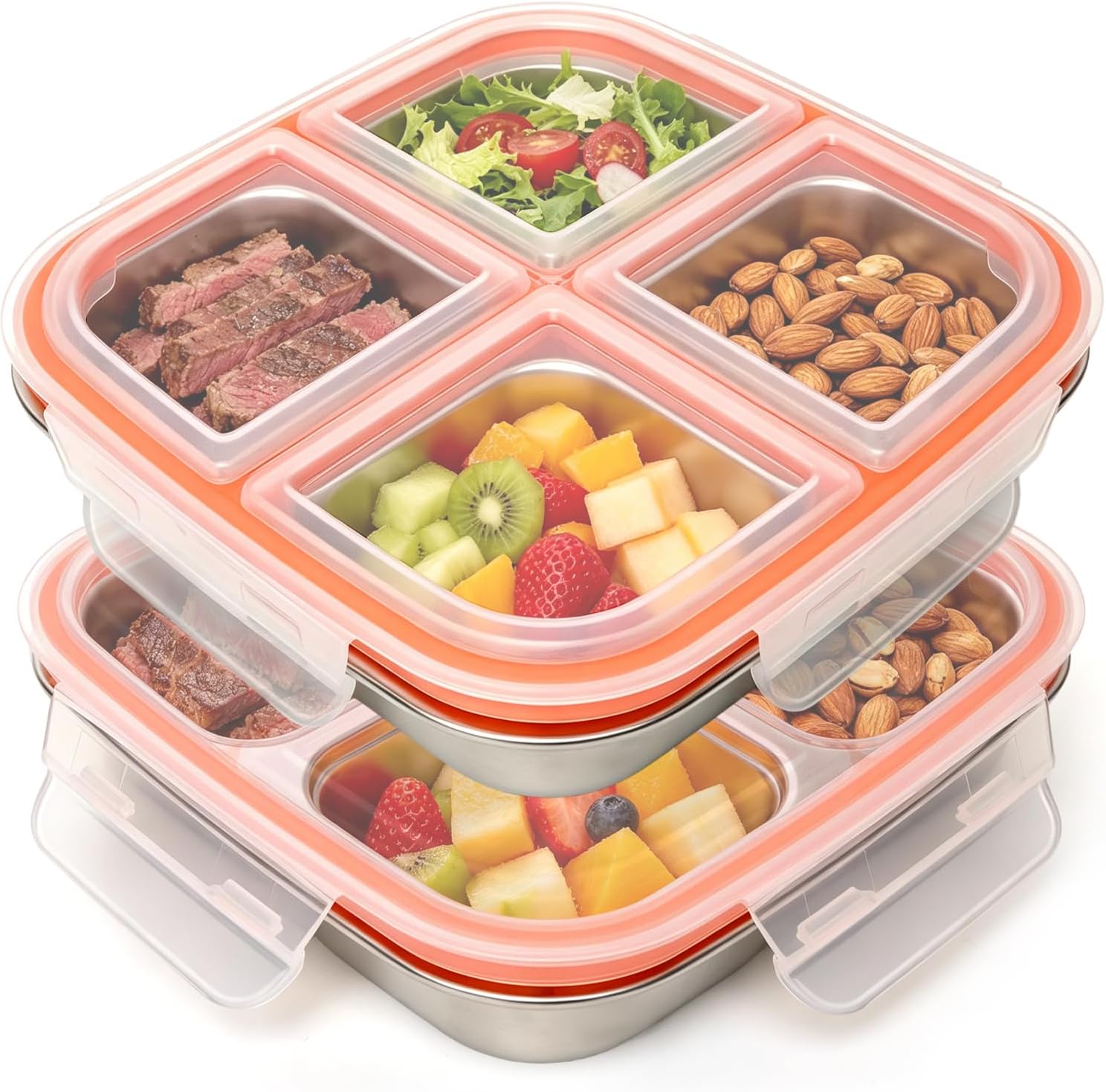 Detalle de Ouxayapl snackslådor i rostfritt stål, 2-pack, 600 ml med fyra fack