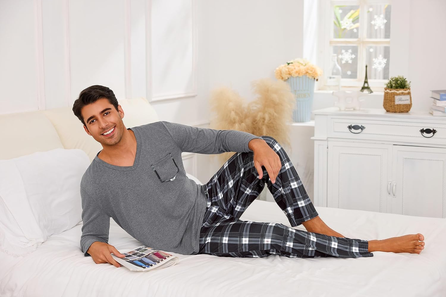 Detalle de Uniexcosm Pyjama Homme Hiver en coton – Ensemble à carreaux, manches longues