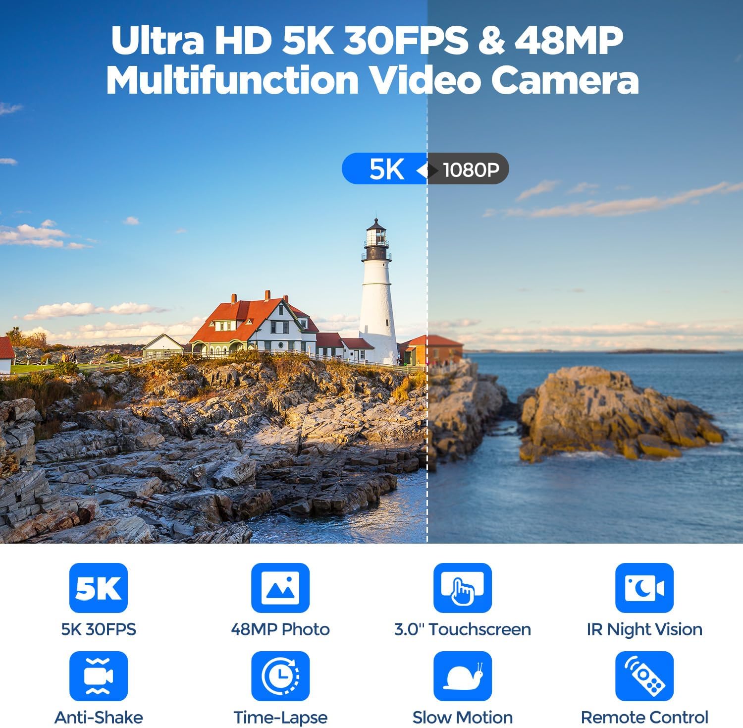 Thumbnail 1 de Camcorder 5K 48MP: videocamera per vlog e YouTube con visione notturna, zoom 16x e schermo tattile 3