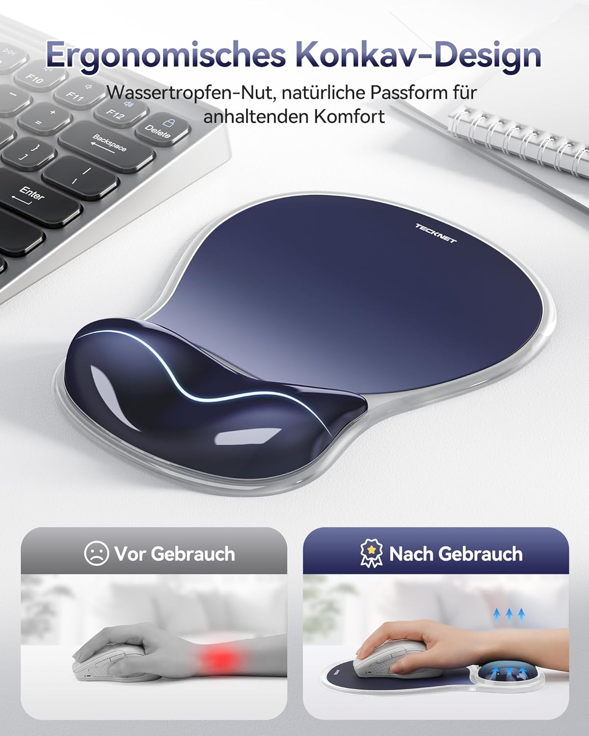 Detalle de TECKNET Mauspad mit Gel-Handgelenkauflage – Ergonomisch, wasserdicht, rutschfest (Dunkelblau)