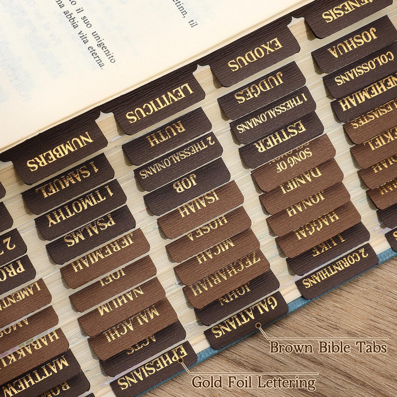 Detalle de VYRANA LLTZZSYT Bible Tabs, 80-Piece Chestnut Woodgrain Set with Gold Foil