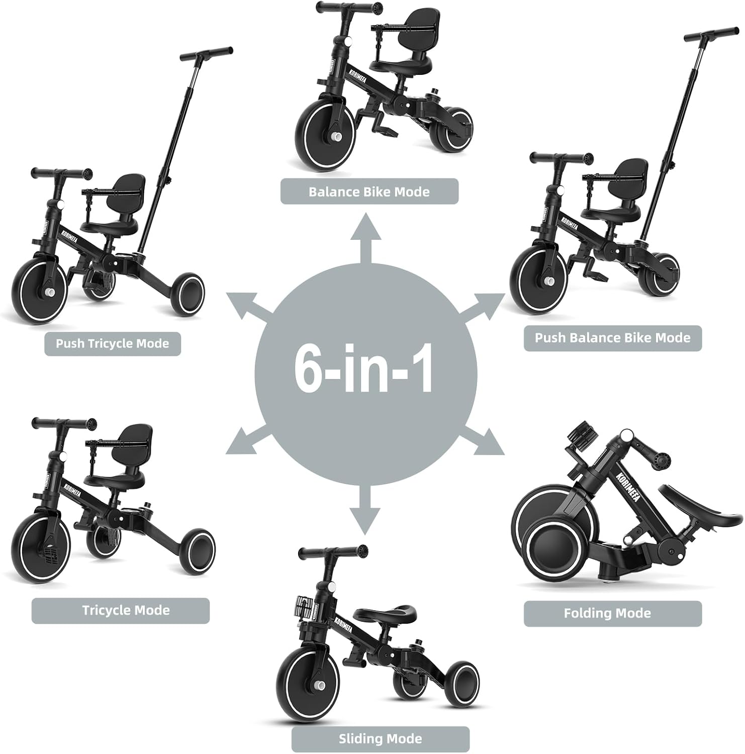 Thumbnail 1 de KORIMEFA triciclo 5-in-1 a 3 ruote per bambini 1-3 anni (con maniglia di spinta e pedali rimovibili) – Nero