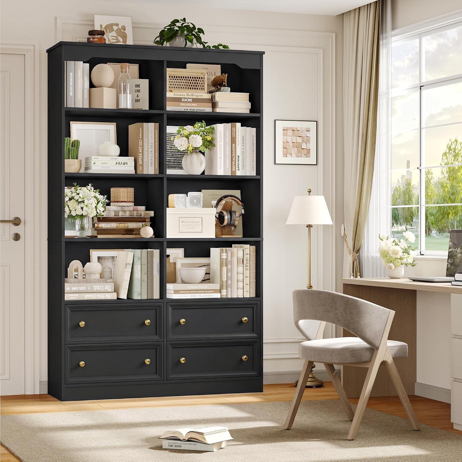 Detalle de FirFurd P124 Bookcase, 8 Compartments and 4 Drawers, Black, 100 x 30 x 180 cm