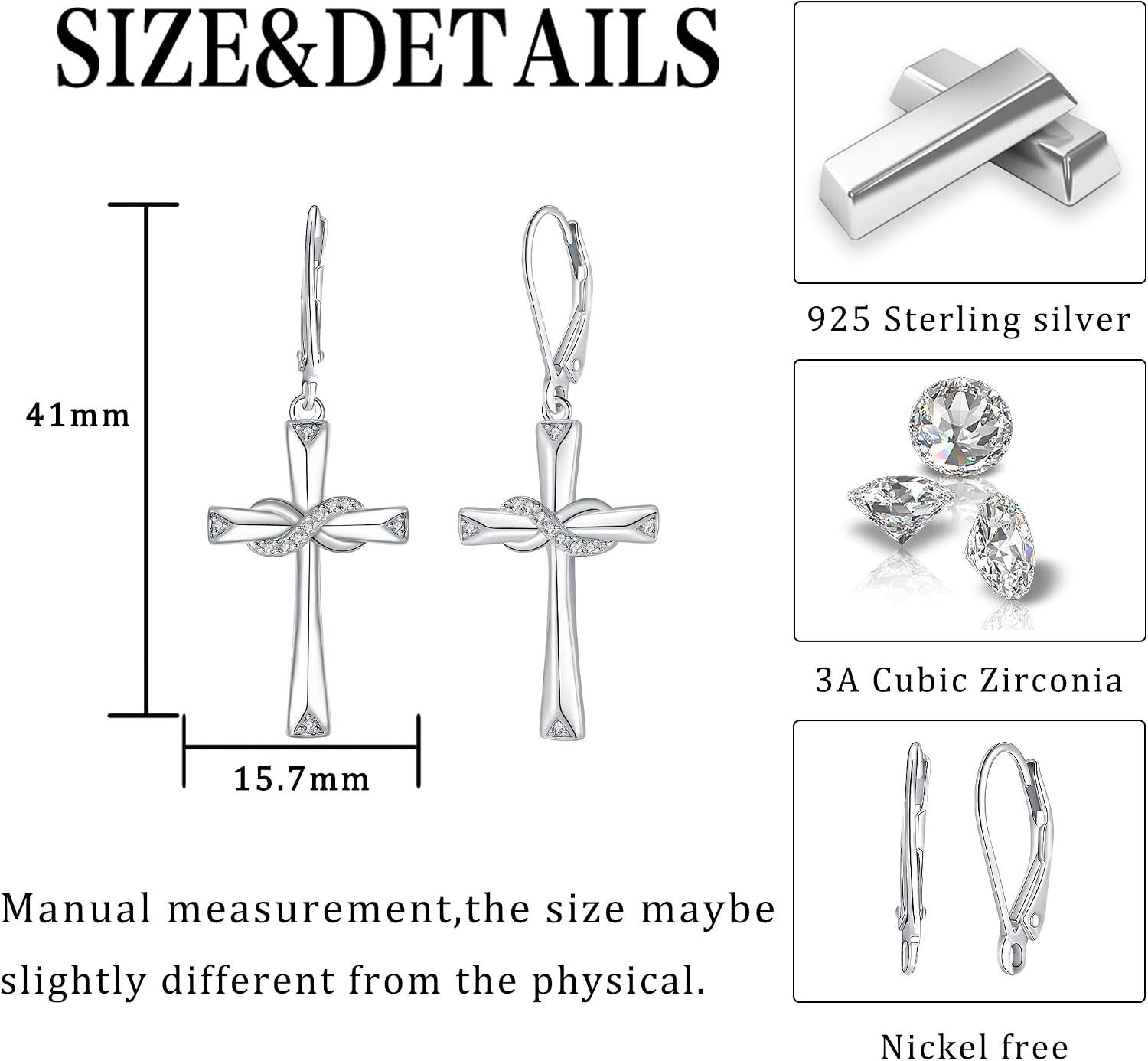 Detalle de J.WUEN boucles d’oreilles pendantes pour femme en argent 925 avec motif croix