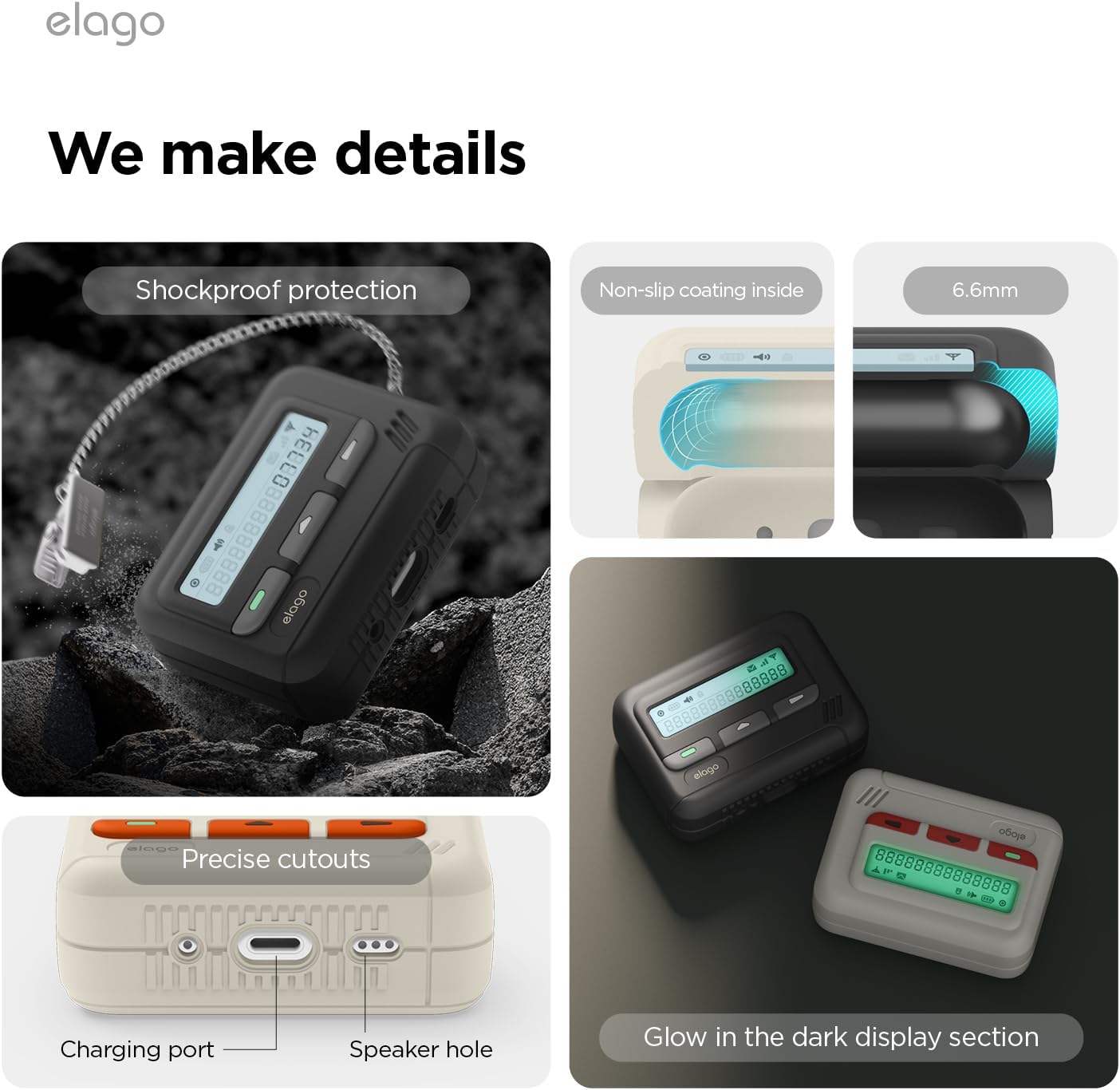 Detalle de elago Coque Pager rétro pour étui AirPods Pro 2 (2e génération) – sangle de chaîne incluse, blanc classique