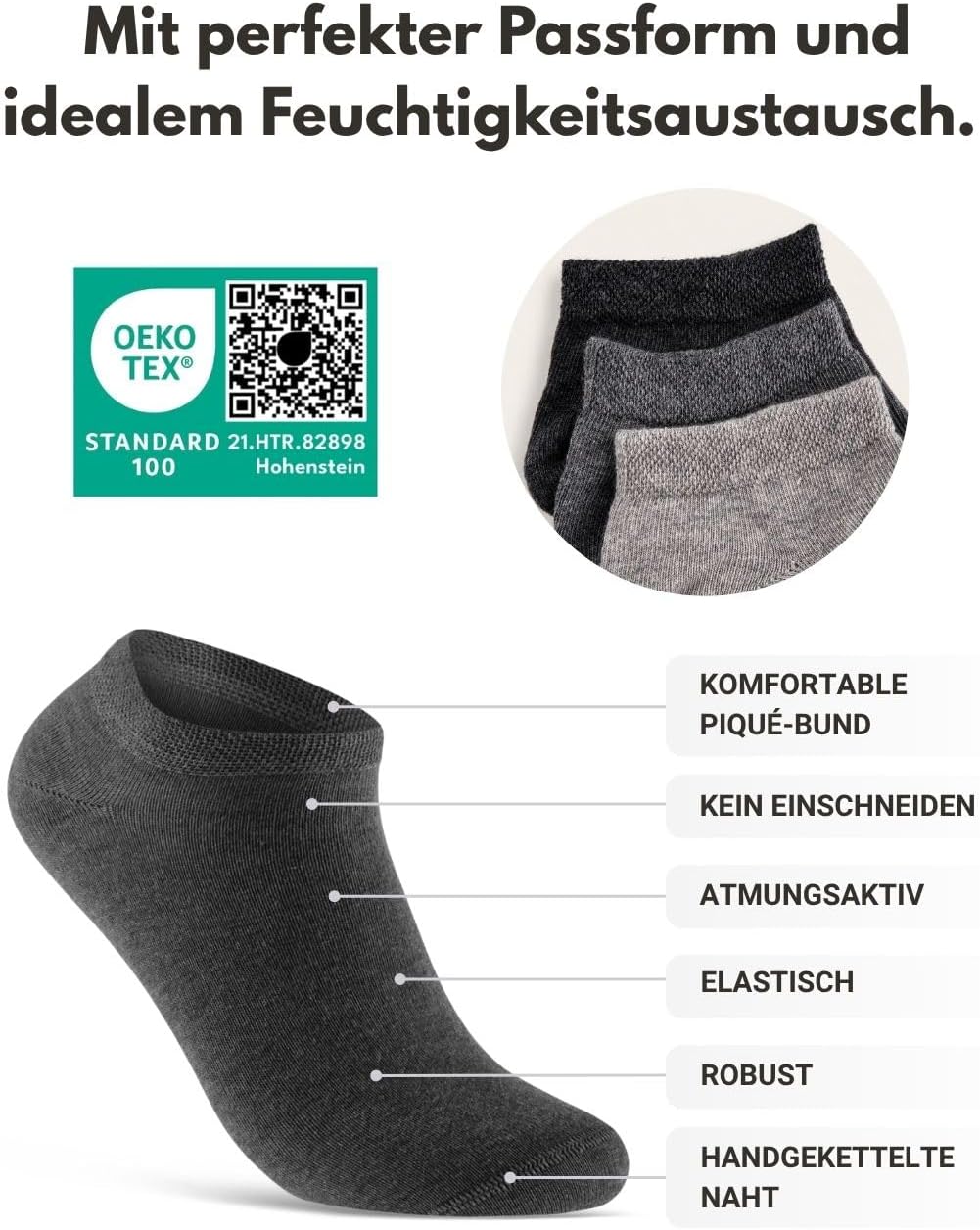 Thumbnail 2 de 10 Paar Premium Sneaker Socken Herren & Damen – gekämmte Baumwolle, Komfortbund, kein Drücken, OEKO-TEX