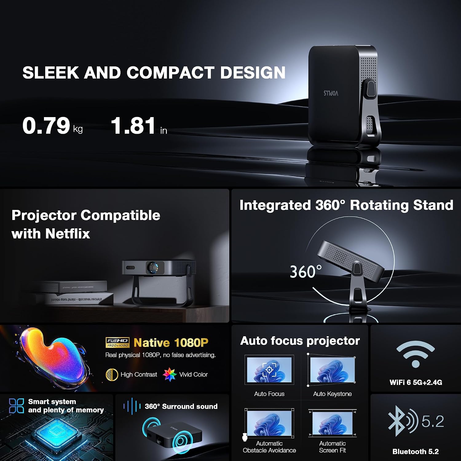 Detalle de VOPLLS Voplls-1080p Smart Mini Projector, Native 1080p, 3000 ANSI Lumens