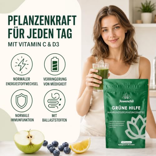 Detalle de Grüne Entgiftungspulver, 200g von Jowenchii – veganes Superfood-Pulver mit Matcha, Gerstengras, Spirulina & Wildheidelbeere