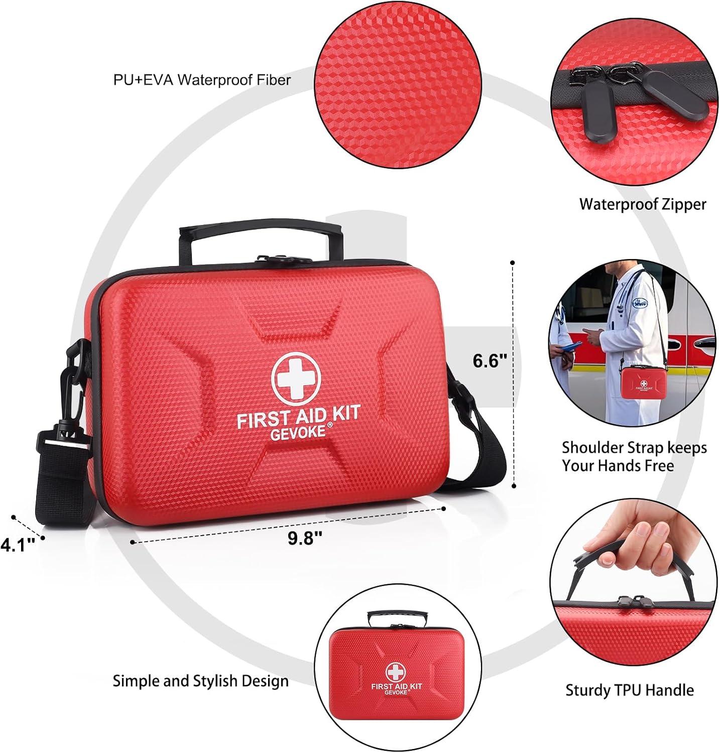 Detalle de Gevoke 410-Piece Waterproof Hard Shell First Aid Kit, Red, 5 Compartments