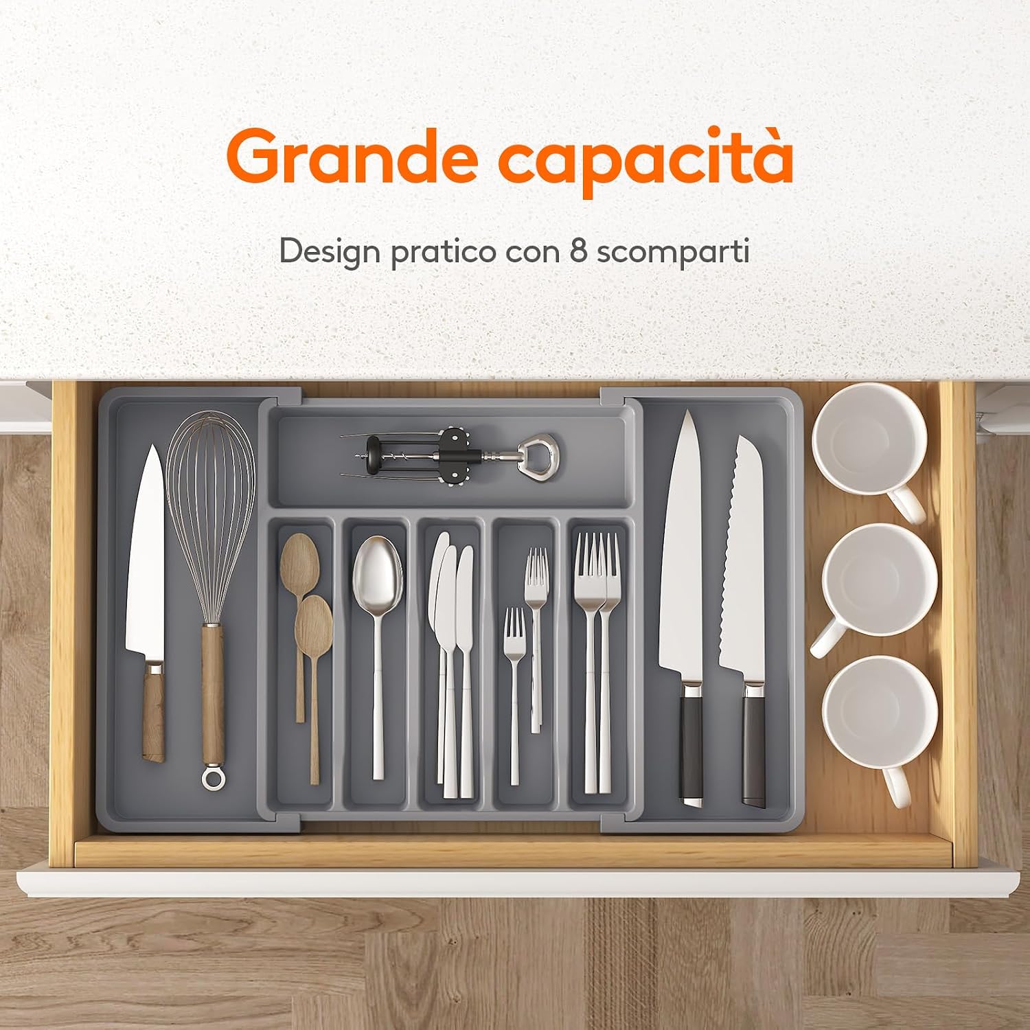 Thumbnail 1 de Lifewit Portaposate da Cassetto espandibile – Organizer cucina con 8 scomparti, regolabile 33–56,9 cm, PP senza BPA, grigio