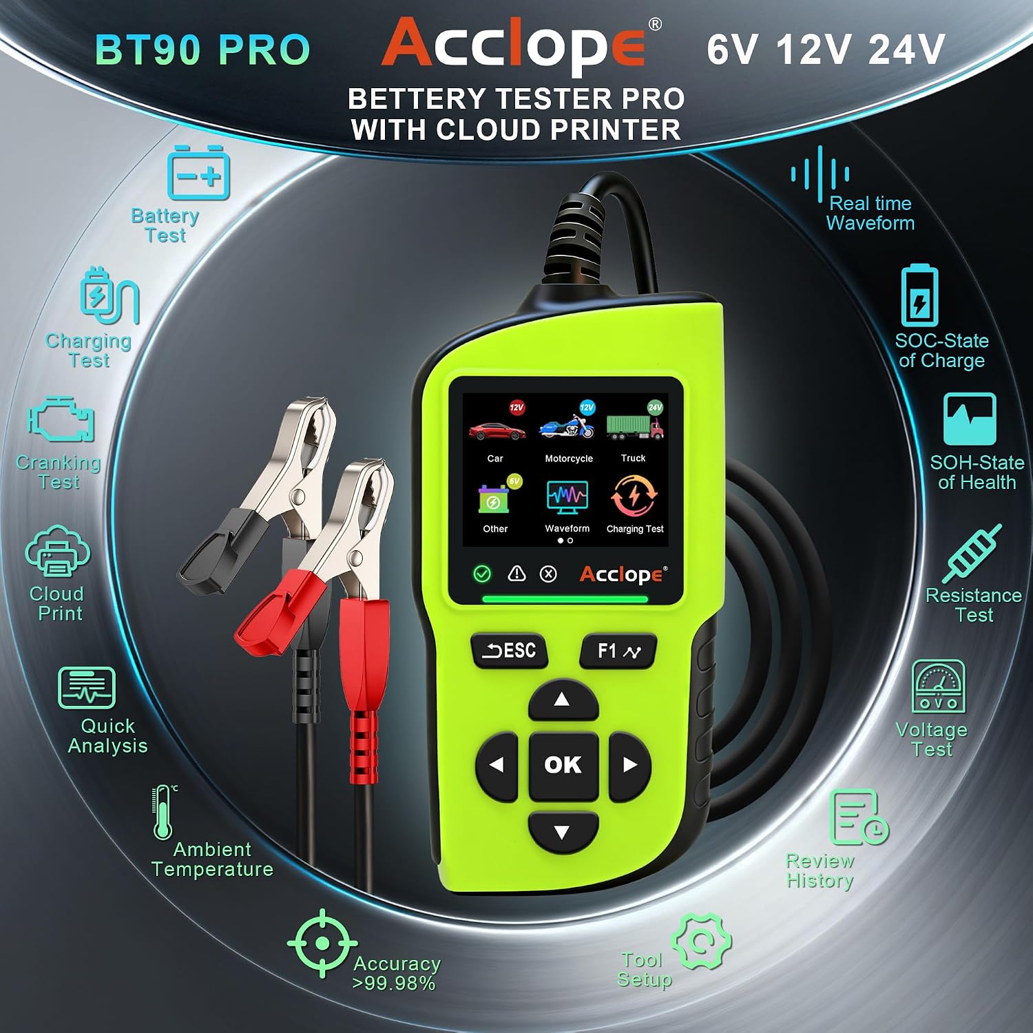 Detalle de Acclope BT90 PRO: Tester per batteria 6V/12V/24V con cloud e diagnostica avanzata