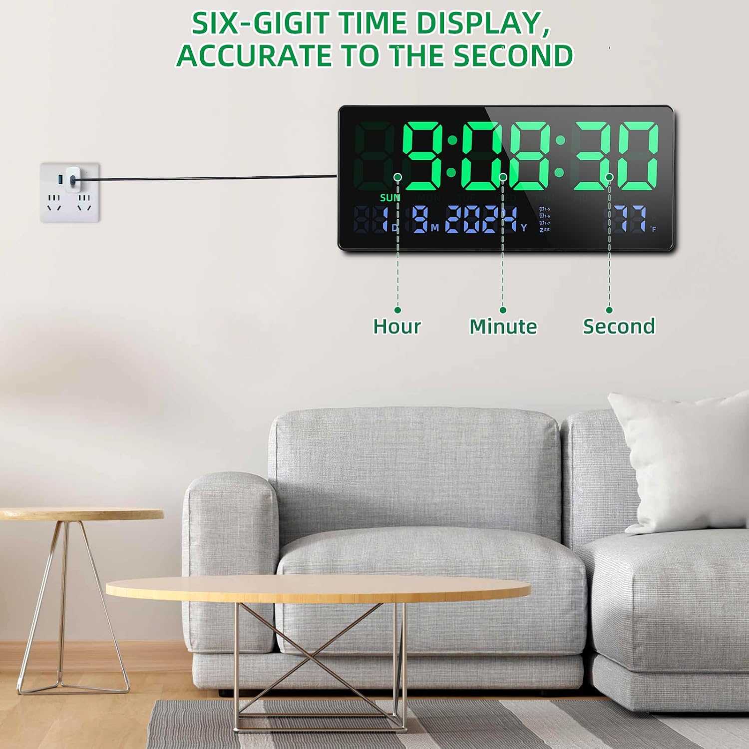 Detalle de Fuloon digitale wandklok 15,5 inch met kalender, temperatuur en afstandsbediening