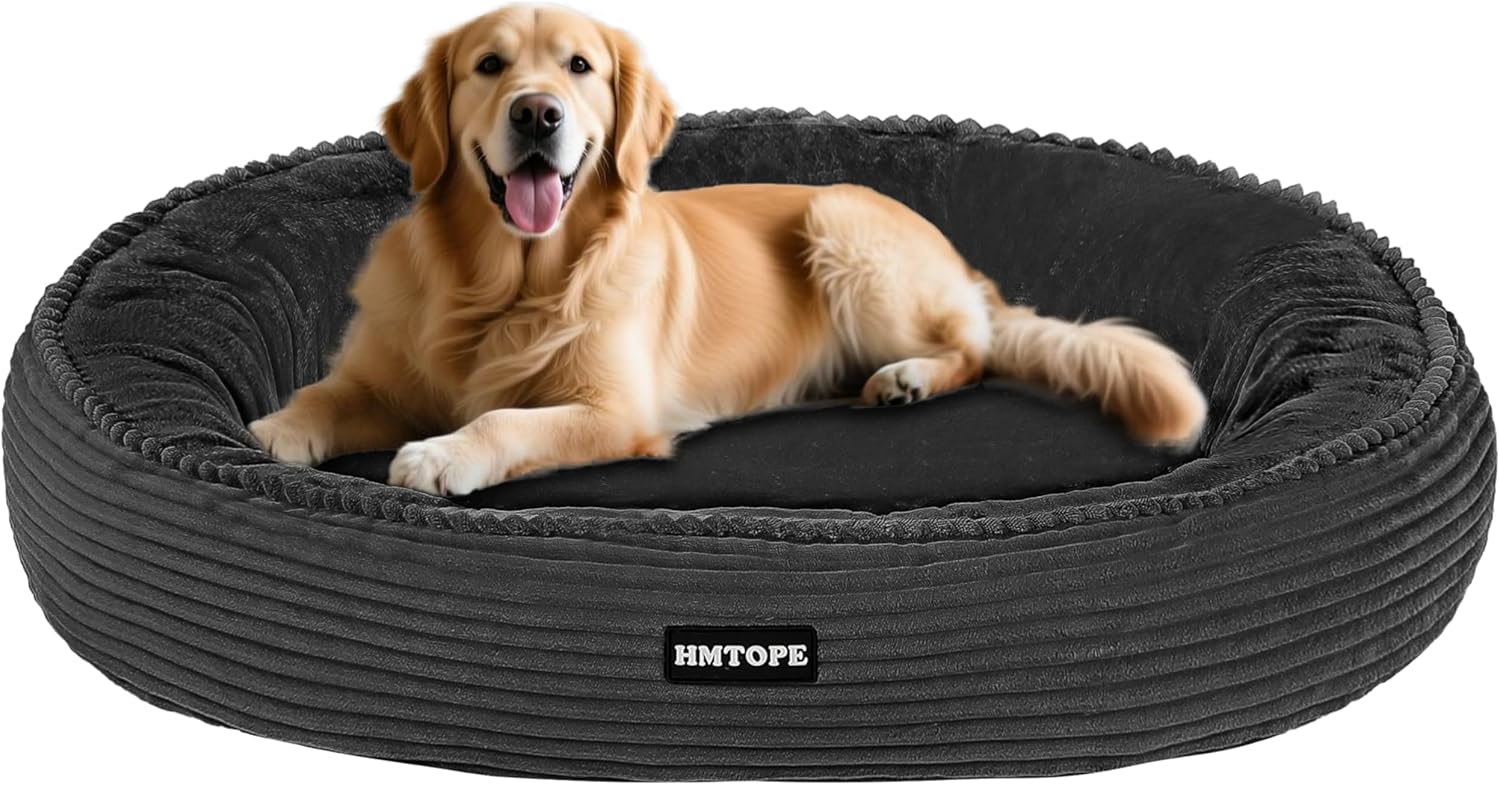 Detalle de HMTOPE Hundebett Grosse Hunde Ø 100 cm – Rundes Cord-Kuschelbett, waschbar und rutschfest, Dunkelgrau