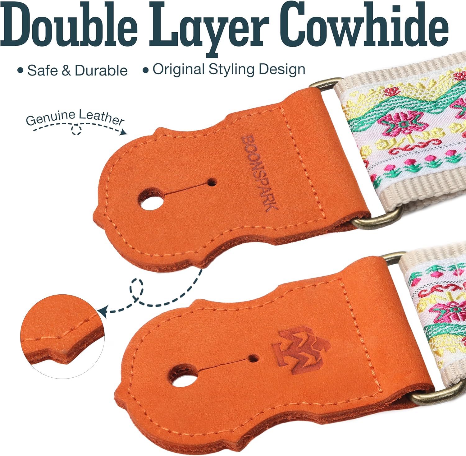 Thumbnail 1 de BOONSPARK Guitar Strap, Lotus Embroidery, 2-Inch Adjustable Cotton with Cowhide Ends