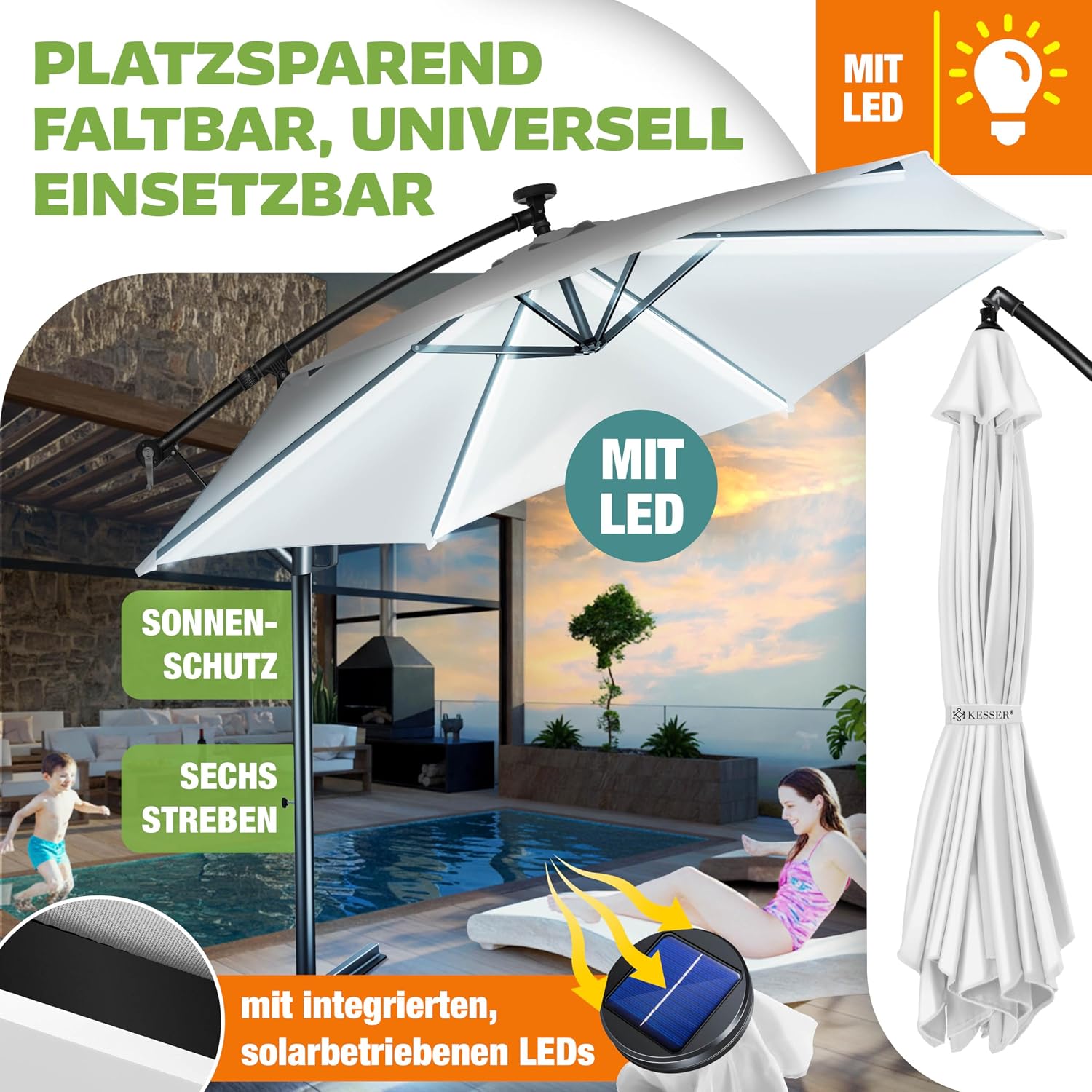 Detalle 2 de KESSER Sonnenschirm Solar Ø 300 cm/Ø 350 cm mit LED-Beleuchtung – Kurbelmechanik, Alu-Gestell, mit Abdeckung