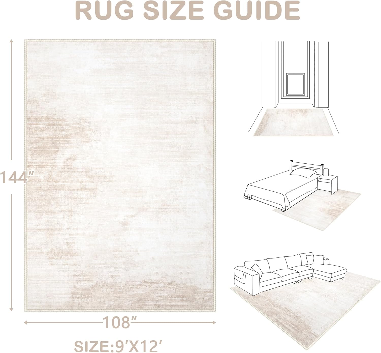 Thumbnail 1 de Area Rugs 9'x12' Washable Neutral Living Room Rug 🏠