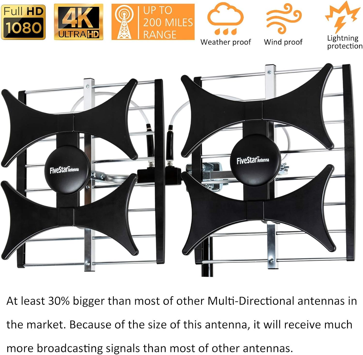 Detalle 2 de Five Star Multi-Directional 4V HDTV Amplified Antenna – 200 Mile Range, UHF/VHF, Indoor/Outdoor