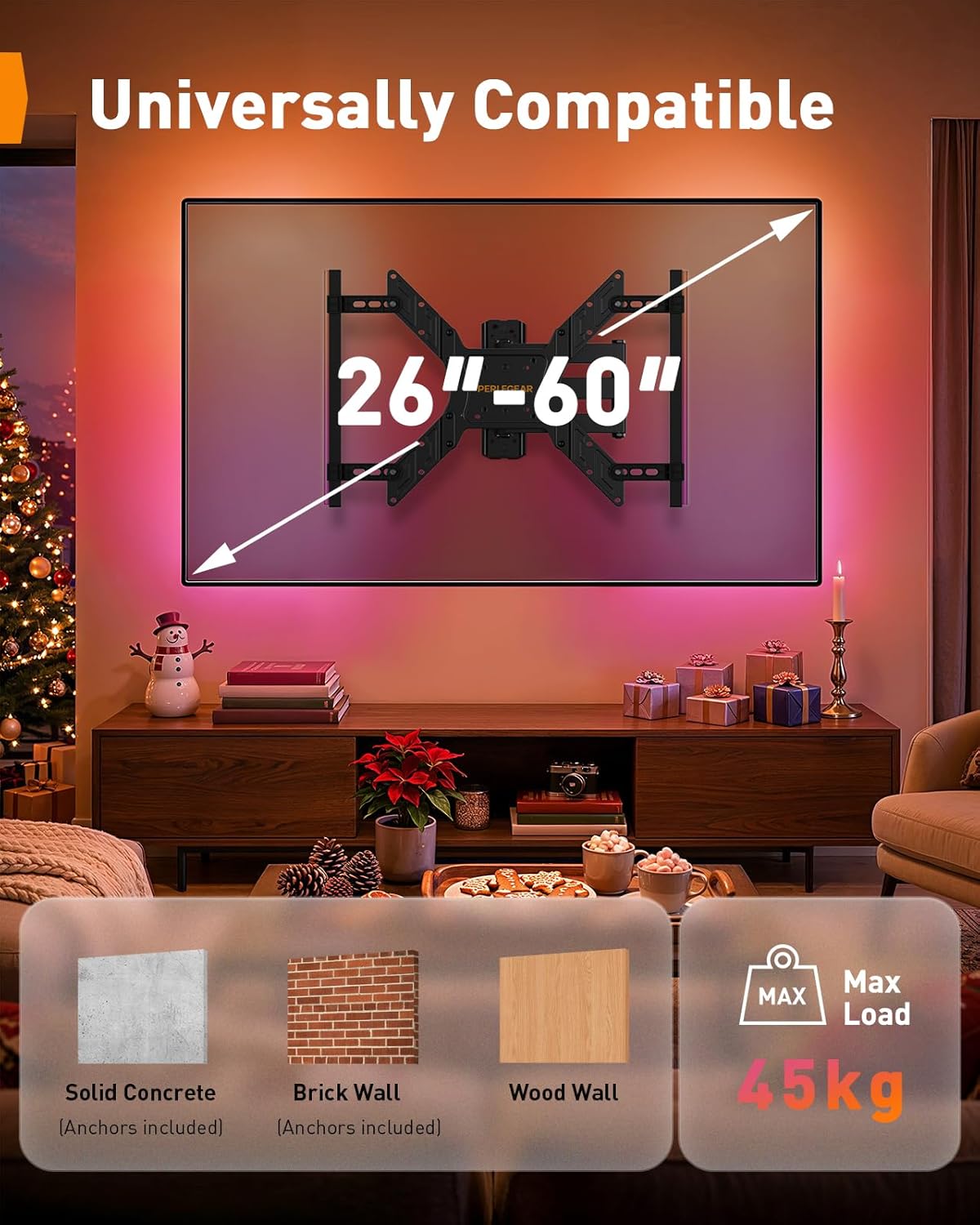 Detalle 2 de Perlegear Support mural TV LED avec éclairage PGTVM79B – 25 à 60 pouces, 45 kg, inclinaison et pivot, éclairage synchronisé