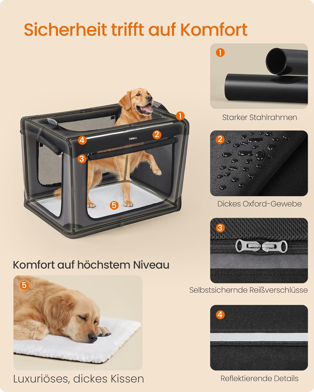 Detalle 2 de Feandrea faltbare Hundebox 91,4 cm: Transportbox für große Hunde (bis 35 kg) mit 4 Netztüren, Oxford-Gewebe