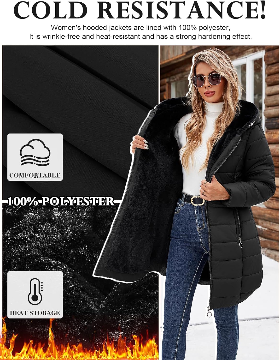 Detalle de VXVGER Women's Long Fleece-Lined Hooded Coat, Wind-Resistant with Pockets