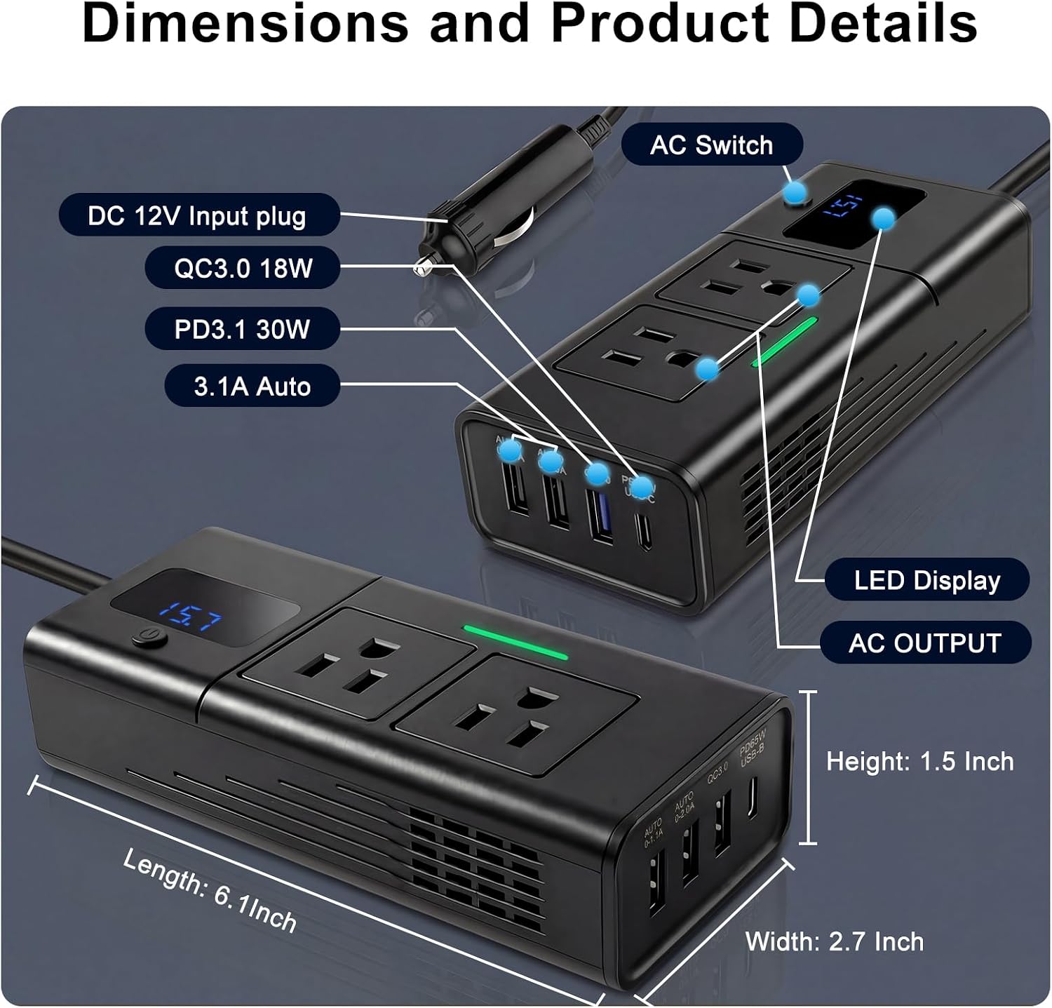 Detalle de HANSSHOW HSTE0317 200W Car Power Inverter with Dual AC Outlets and USB Charging