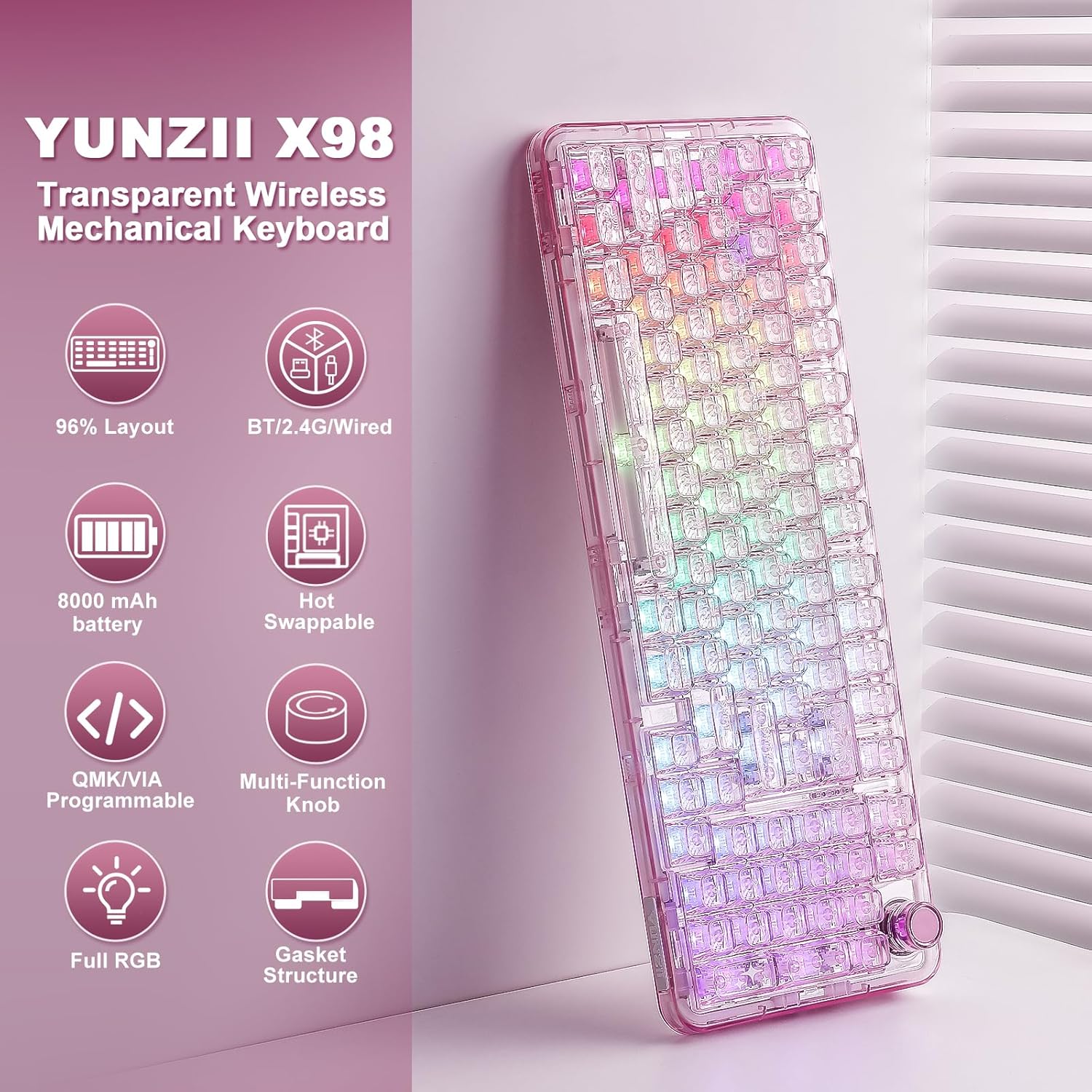 Thumbnail 1 de YUNZII X98 QMK/VIA Tri-Mode Tastatur (QMK/VIA, Hot-Swap, 2,4 GHz, Bluetooth, USB‑C, RGB „Pink/Crystal“)
