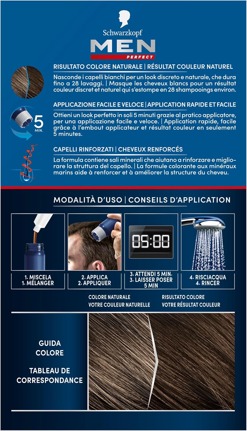 Detalle de Schwarzkopf Men Perfect Tinta Colorante in Gel 60 Castano Naturale: copertura dei capelli bianchi con effetto naturale