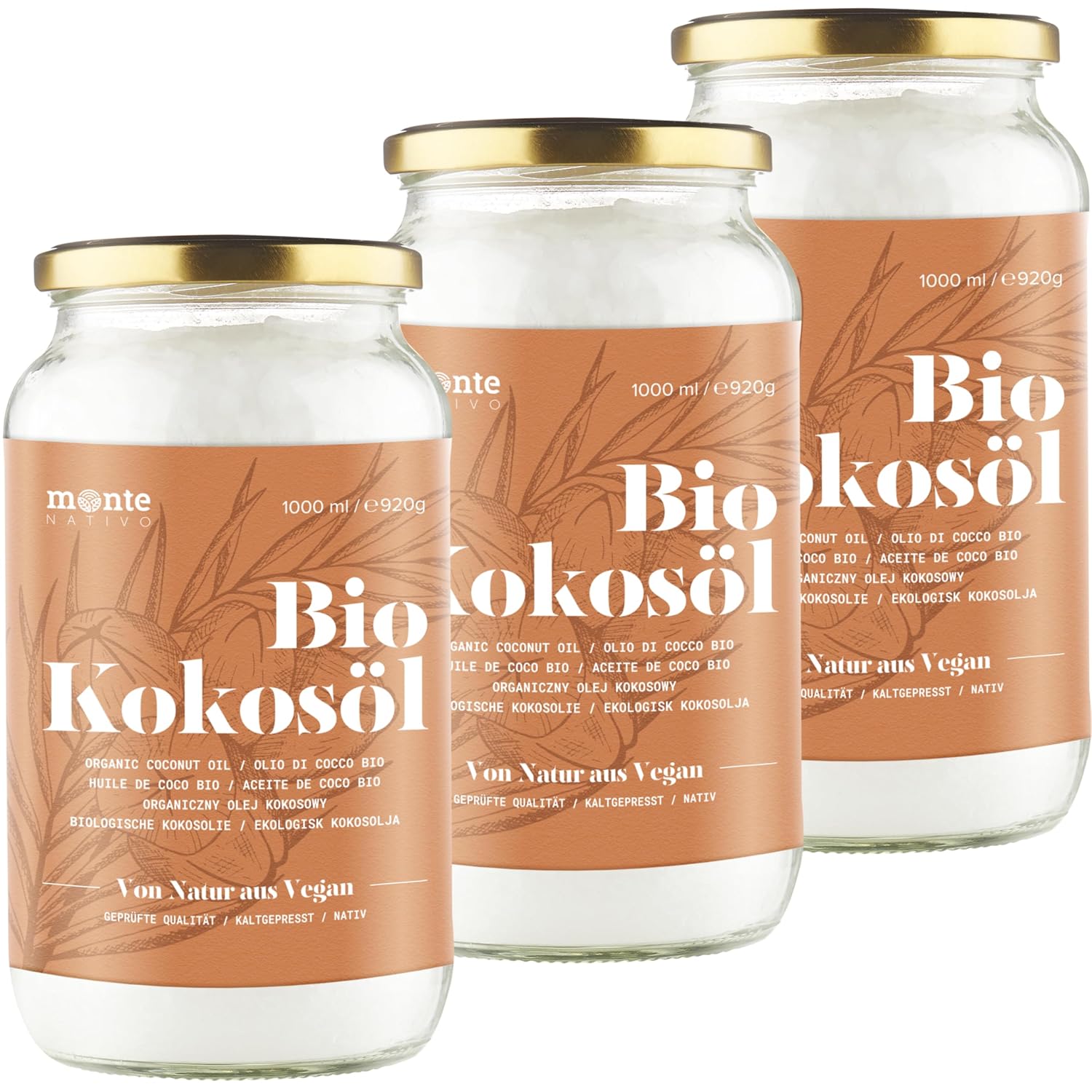 Detalle de MonteNativo Bio Kokosöl – 3 x 1000 ml: kaltgepresst, roh & naturrein